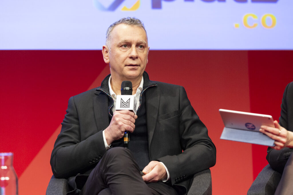Manuel Badel, on March 23, 2023, at SeriesMania at Lille, France, during a panel discussion about NFTs and blockchain.